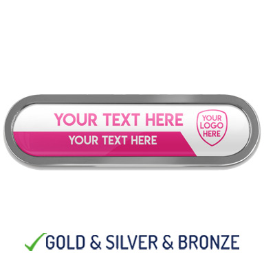 BESPOKE YOUR LOGO & TEXT METAL BAR BADGE- PINK - 45mm