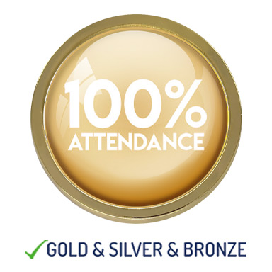 HIGH QUALITY METAL GOLD 100% ATTENDANCE ROUND BADGE - 22mm